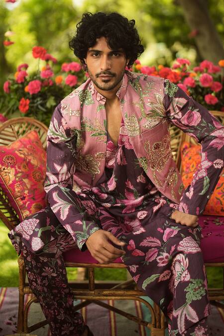 Shop_Mahima Mahajan_Pink Linen, Satin Zari Designer Nehru Jacket  _Online_at_Aza_Fashions