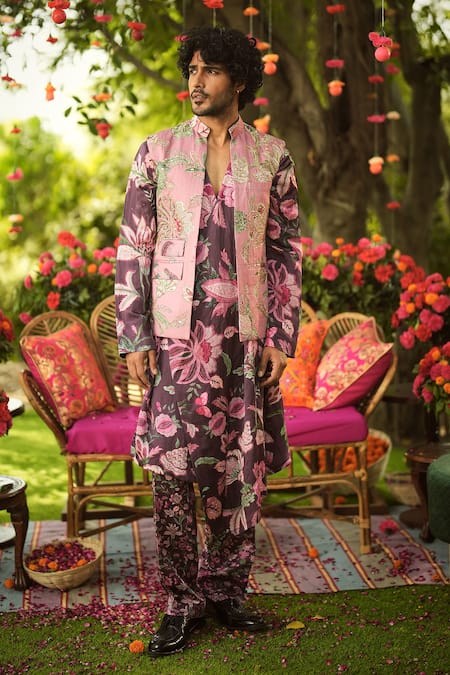 Buy_Mahima Mahajan_Pink Linen, Satin Zari Designer Nehru Jacket  