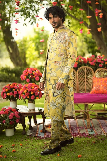 Buy_Mahima Mahajan_Gold Linen, Satin Embroidery Designer Nehru Jacket 