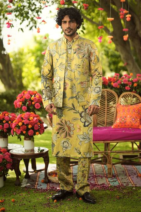 Shop_Mahima Mahajan_Gold Linen, Satin Embroidery Designer Nehru Jacket 