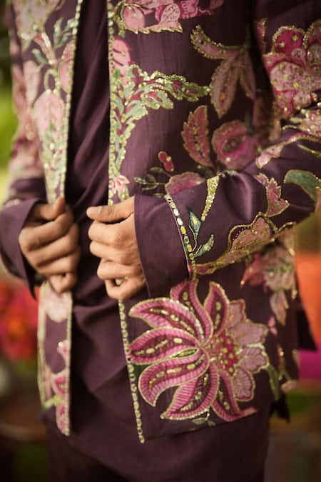 Mahima Mahajan_Burgundy Linen, Satin Embroidery, Sequins Designer Jacket _Online_at_Aza_Fashions