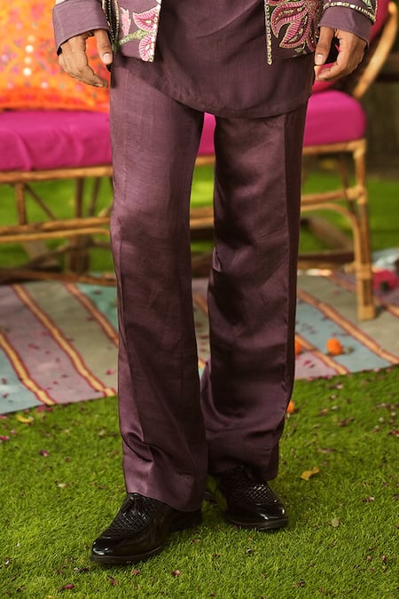 Buy_Mahima Mahajan_Burgundy Linen, Satin Embroidery, Sequins Designer Jacket _Online_at_Aza_Fashions