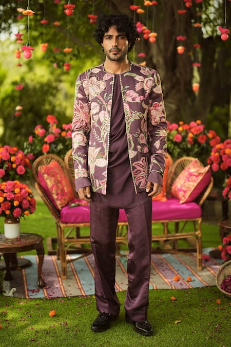 Shop_Mahima Mahajan_Burgundy Linen, Satin Embroidery, Sequins Designer Jacket _Online_at_Aza_Fashions