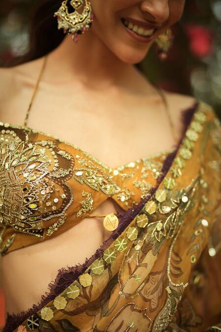 Shop_Mahima Mahajan_Gold Organza Sequins, Embroidery Off-shoulder Designer Pre-draped Saree Set _Online_at_Aza_Fashions