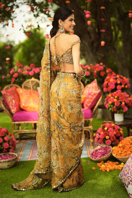 Mahima Mahajan Designer Old Gold Pre-Draped Saree Set 