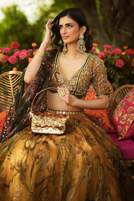 Mahima Mahajan_Gold Organza Sequins, Zari, Embroidery V-neck Designer Lehenga Set _at_Aza_Fashions