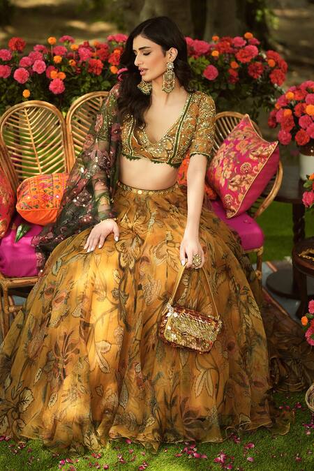 Buy_Mahima Mahajan_Gold Organza Sequins, Zari, Embroidery V-neck Designer Lehenga Set 