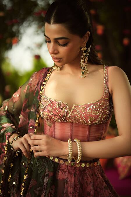 Mahima Mahajan_Pink Organza Embroidery, Sequins Round Neck Designer Lehenga Set _Online_at_Aza_Fashions