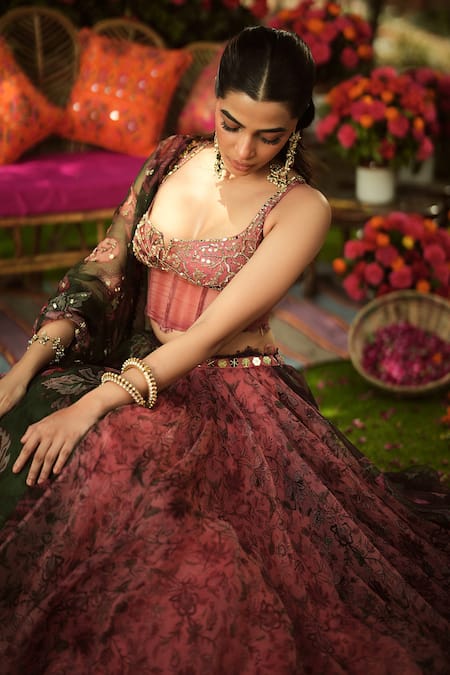 Buy_Mahima Mahajan_Pink Organza Embroidery, Sequins Round Neck Designer Lehenga Set _Online_at_Aza_Fashions