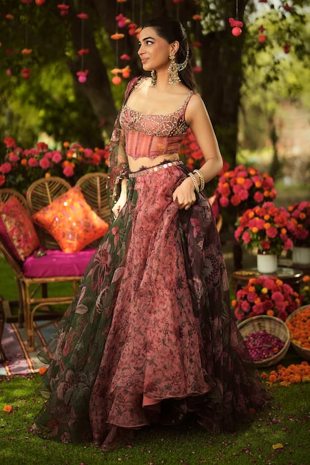 Mahima Mahajan_Pink Organza Embroidery, Sequins Round Neck Designer Lehenga Set _at_Aza_Fashions