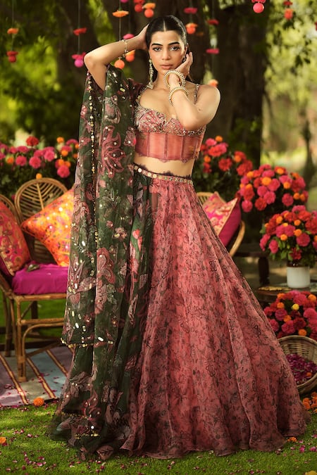 Buy_Mahima Mahajan_Pink Organza Embroidery, Sequins Round Neck Designer Lehenga Set 