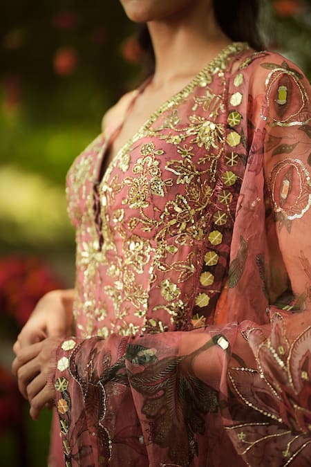 Mahima Mahajan Pink Organza Sequins, Embroidery V-neck Designer Warm Bubblegum Gharara Set Online at Aza Fashions Mahima Mahajan_Pink Organza Sequins, Embroidery V-neck Designer Warm Bubblegum Gharara Set _Online_at_Aza_Fashions