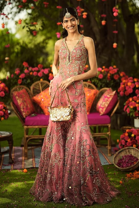 Buy Mahima Mahajan Pink Organza Sequins, Embroidery V-neck Designer Warm Bubblegum Gharara Set Online at Aza Fashions Buy_Mahima Mahajan_Pink Organza Sequins, Embroidery V-neck Designer Warm Bubblegum Gharara Set _Online_at_Aza_Fashions