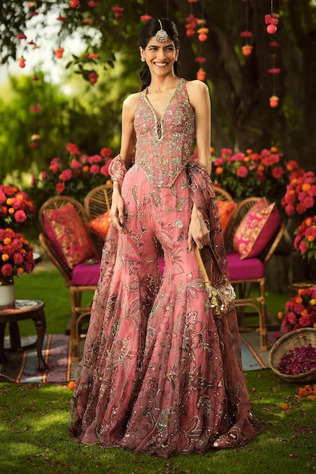 Shop Mahima Mahajan Pink Organza Sequins, Embroidery V-neck Designer Warm Bubblegum Gharara Set Online at Aza Fashions Shop_Mahima Mahajan_Pink Organza Sequins, Embroidery V-neck Designer Warm Bubblegum Gharara Set _Online_at_Aza_Fashions