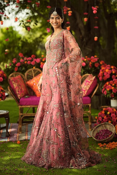 Mahima Mahajan Pink Organza Sequins, Embroidery V-neck Designer Warm Bubblegum Gharara Set at Aza Fashions Mahima Mahajan_Pink Organza Sequins, Embroidery V-neck Designer Warm Bubblegum Gharara Set _at_Aza_Fashions