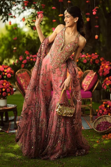 Buy Mahima Mahajan Pink Organza Sequins, Embroidery V-neck Designer Warm Bubblegum Gharara Set Buy_Mahima Mahajan_Pink Organza Sequins, Embroidery V-neck Designer Warm Bubblegum Gharara Set