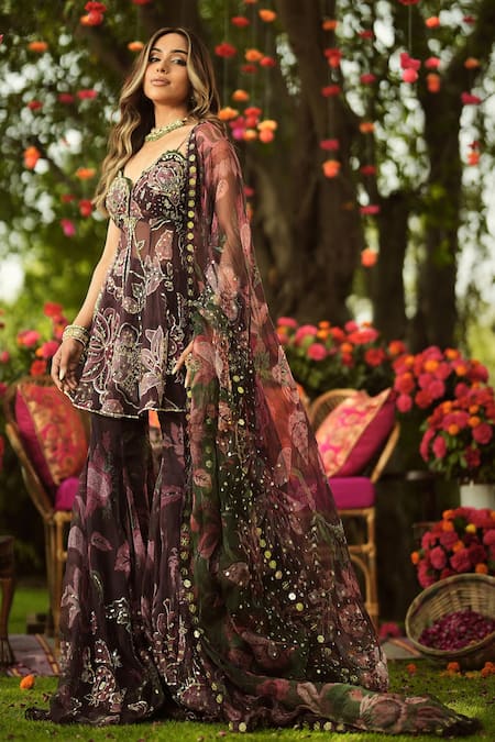 Shop_Mahima Mahajan_Burgundy Organza Sequins, Embroidery Round Neck Designer Kurta Sharara Set _Online_at_Aza_Fashions