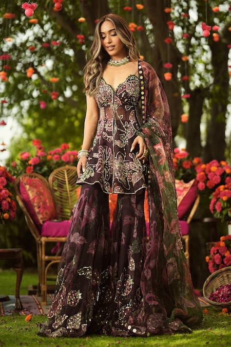 Mahima Mahajan_Burgundy Organza Sequins, Embroidery Round Neck Designer Kurta Sharara Set _at_Aza_Fashions