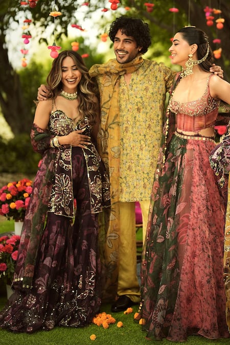 Buy_Mahima Mahajan_Burgundy Organza Sequins, Embroidery Round Neck Designer Kurta Sharara Set 