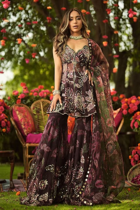 Mahima Mahajan Burgundy Designer Kurta Sharara Set 
