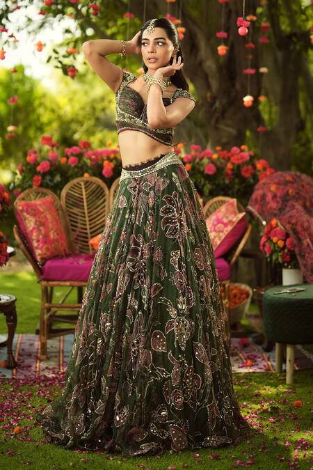 Mahima Mahajan Green Organza Sequins, Embroidery Round Neck Pine Lehenga Set at Aza Fashions Mahima Mahajan_Green Organza Sequins, Embroidery Round Neck Pine Lehenga Set _at_Aza_Fashions