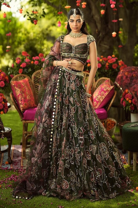 Mahima Mahajan Pine Green Embroidered Lehenga Set 