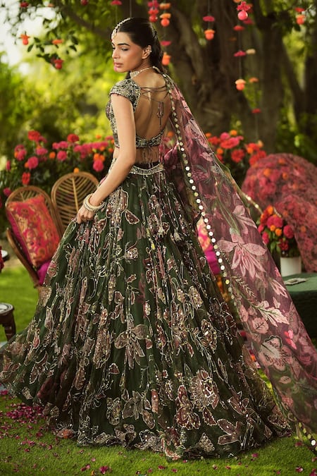 Shop Mahima Mahajan Green Organza Sequins, Embroidery Round Neck Pine Lehenga Set at Aza Fashions Shop_Mahima Mahajan_Green Organza Sequins, Embroidery Round Neck Pine Lehenga Set _at_Aza_Fashions