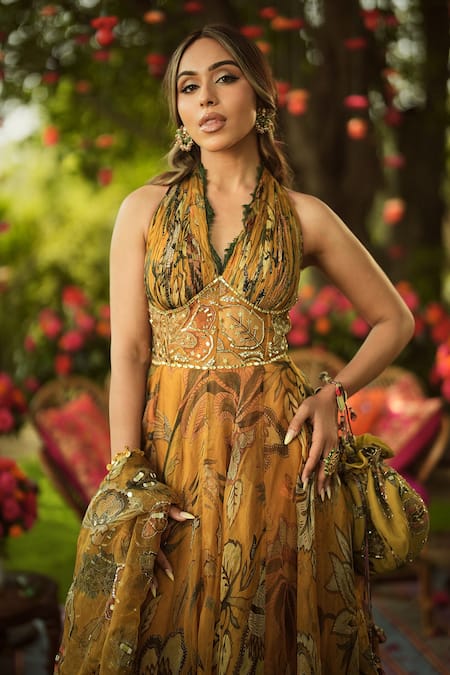 Mahima Mahajan_Gold Organza Embroidery Halter Neck Designer Anarkali Set _Online_at_Aza_Fashions