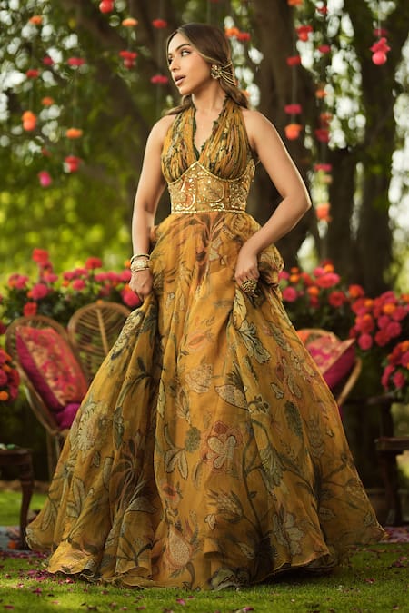 Buy_Mahima Mahajan_Gold Organza Embroidery Halter Neck Designer Anarkali Set _Online_at_Aza_Fashions