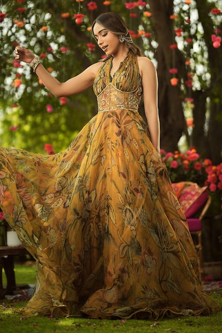 Shop_Mahima Mahajan_Gold Organza Embroidery Halter Neck Designer Anarkali Set _Online_at_Aza_Fashions