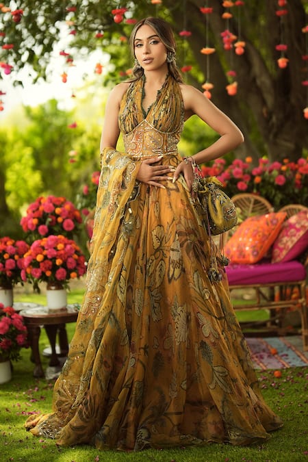 Mahima Mahajan_Gold Organza Embroidery Halter Neck Designer Anarkali Set _at_Aza_Fashions