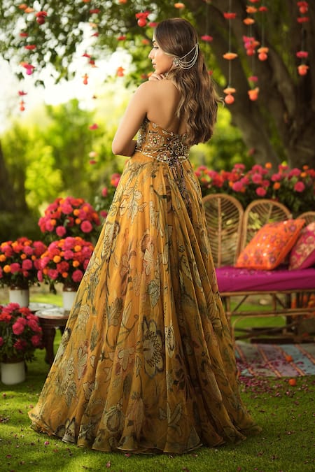 Buy_Mahima Mahajan_Gold Organza Embroidery Halter Neck Designer Anarkali Set 