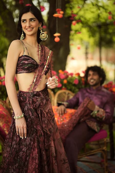Buy Mahima Mahajan Burgundy Organza Embroidery, Sequins Scoop Neck Floral Lehenga Set Online at Aza Fashions Buy_Mahima Mahajan_Burgundy Organza Embroidery, Sequins Scoop Neck Floral Lehenga Set _Online_at_Aza_Fashions