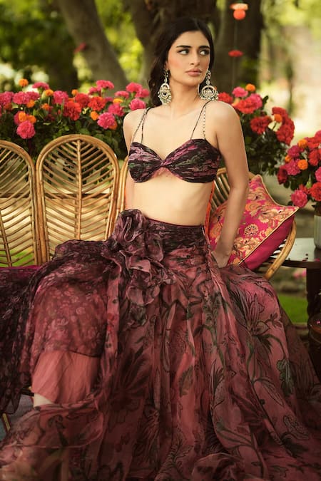 Buy Mahima Mahajan Burgundy Organza Embroidery, Sequins Scoop Neck Floral Lehenga Set Buy_Mahima Mahajan_Burgundy Organza Embroidery, Sequins Scoop Neck Floral Lehenga Set