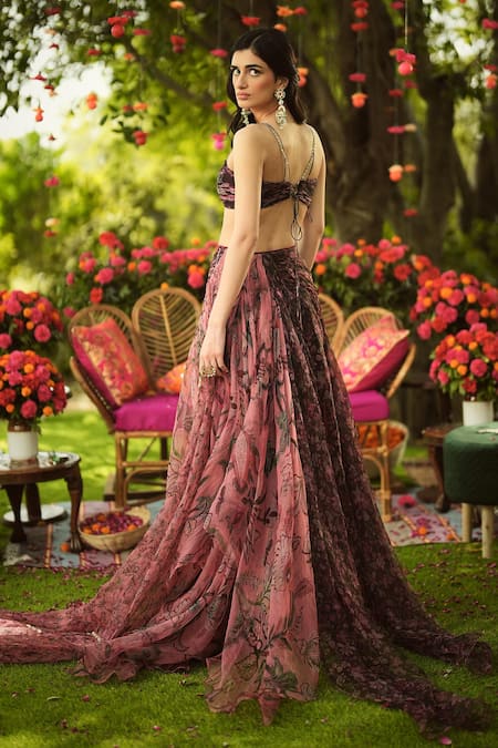 Shop Mahima Mahajan Burgundy Organza Embroidery, Sequins Scoop Neck Floral Lehenga Set Shop_Mahima Mahajan_Burgundy Organza Embroidery, Sequins Scoop Neck Floral Lehenga Set