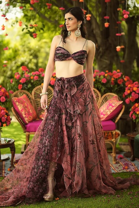 Mahima Mahajan Burgundy Floral Organza Lehenga Set 