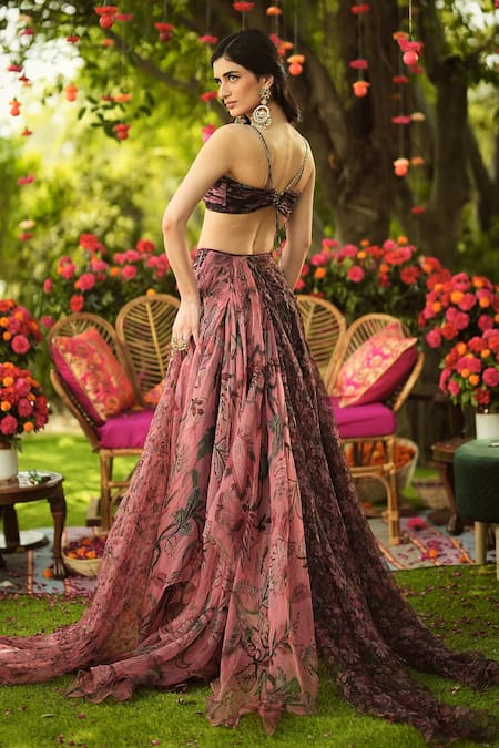 Mahima Mahajan Burgundy Floral Organza Lehenga Set 