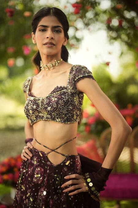 Mahima Mahajan_Burgundy Organza Sequins, Embroidery, Beads Round Neck Designer Lehenga Set _Online_at_Aza_Fashions