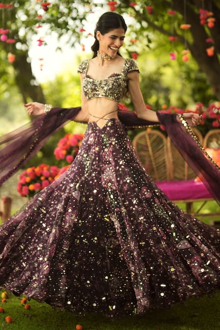 Buy_Mahima Mahajan_Burgundy Organza Sequins, Embroidery, Beads Round Neck Designer Lehenga Set _Online_at_Aza_Fashions