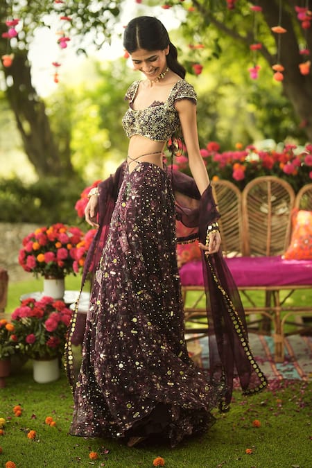 Shop_Mahima Mahajan_Burgundy Organza Sequins, Embroidery, Beads Round Neck Designer Lehenga Set _Online_at_Aza_Fashions