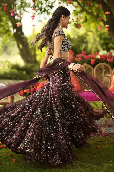 Mahima Mahajan_Burgundy Organza Sequins, Embroidery, Beads Round Neck Designer Lehenga Set _at_Aza_Fashions