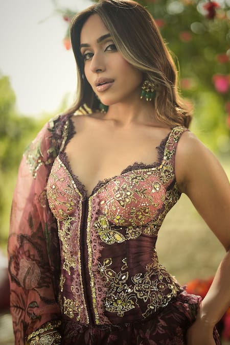 Mahima Mahajan_Burgundy Organza Beads, Embroidery V-neck Designer Lehenga Set _Online_at_Aza_Fashions