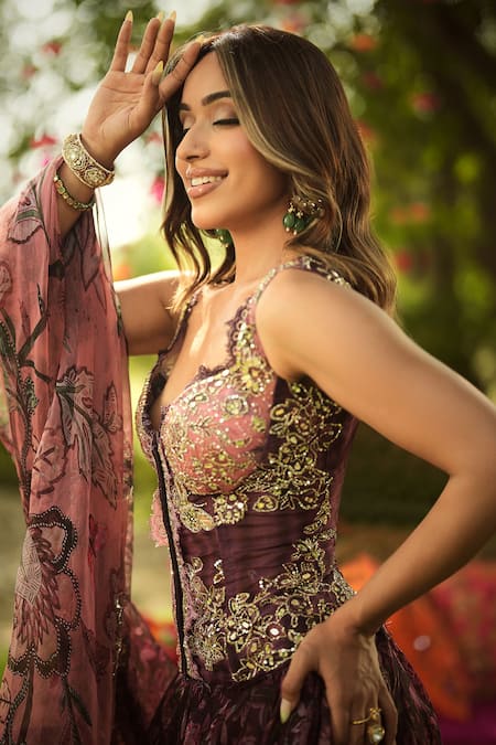 Buy_Mahima Mahajan_Burgundy Organza Beads, Embroidery V-neck Designer Lehenga Set _Online_at_Aza_Fashions