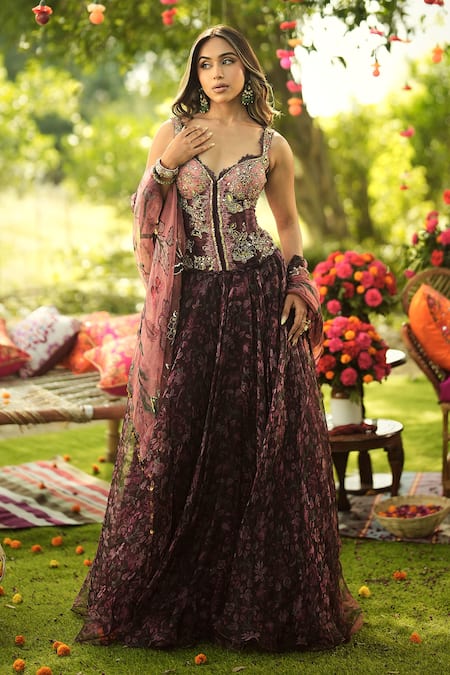 Mahima Mahajan_Burgundy Organza Beads, Embroidery V-neck Designer Lehenga Set _at_Aza_Fashions