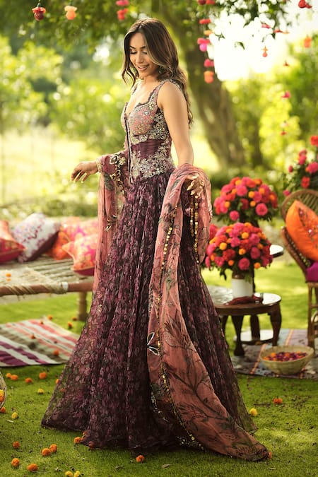 Buy_Mahima Mahajan_Burgundy Organza Beads, Embroidery V-neck Designer Lehenga Set 