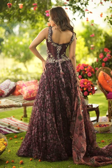 Mahima Mahajan Burgundy Organza Designer Lehenga Set 