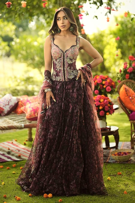 Mahima Mahajan Burgundy Organza Designer Lehenga Set 