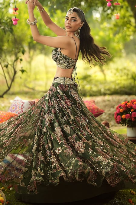 Buy Mahima Mahajan Green Organza Sequins, Embroidery Sweetheart Neck Pine Lehenga Set Online at Aza Fashions Buy_Mahima Mahajan_Green Organza Sequins, Embroidery Sweetheart Neck Pine Lehenga Set _Online_at_Aza_Fashions