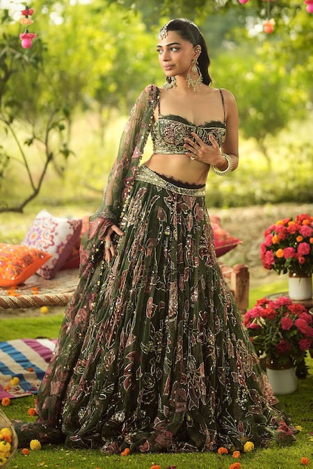 Mahima Mahajan Pine Green Embroidered Lehenga Set 