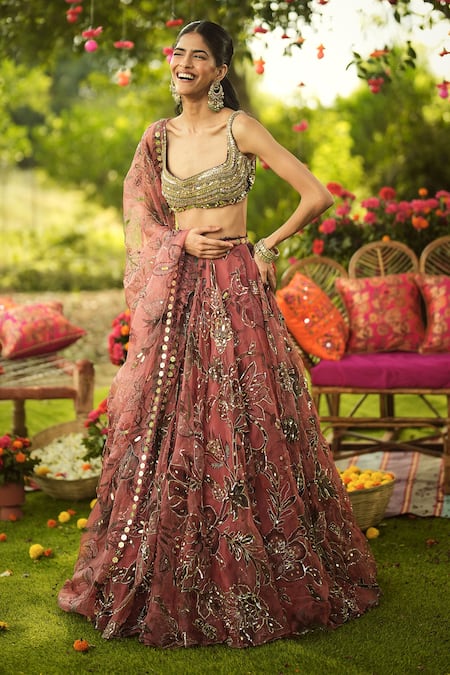 Buy_Mahima Mahajan_Pink Organza Sequins, Embroidery, Zari Square Neck Designer Lehenga Set  _Online_at_Aza_Fashions